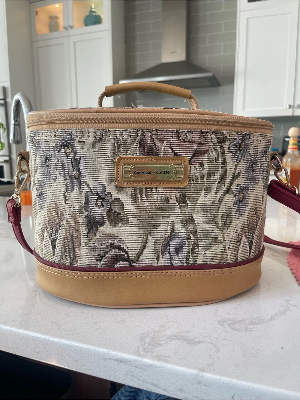 Vintage American Tourister Floral Tapestry Train Case in Beige